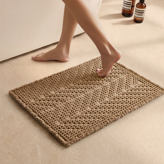 BULULOM Bathroom Rugs，Herringbone Boho Small Waffle Bath Mat, Non Slip Washable Super Absorbent Quick Dry, Farmhouse Bathroom Decor 16"*24" Khaki