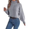 thumbnail image 2 of Women'S Sweater Round Neck Texture Button Lantern Sleeve Tops Pullover Knit Grey S, 2 of 9