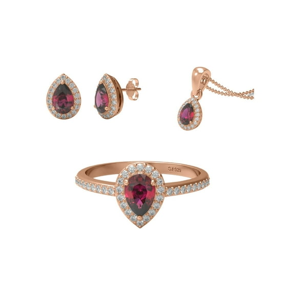 1.60 Ct Pear Garnet 925 Sterling Silver Rose Vermeil Solitaire Halo Ring Pendant Earring Set Jewelry