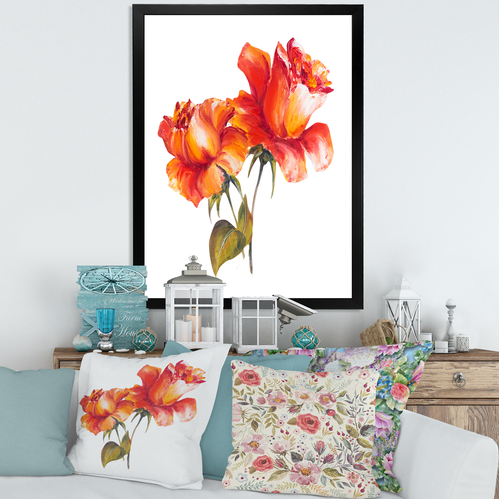 Designart 'Two Blossoming Red Roses On White' Traditional Framed Art Print