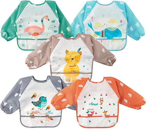 Long Sleeved Bib Waterproof Feeding Bibs for Babies and Toddlers with Pocket 