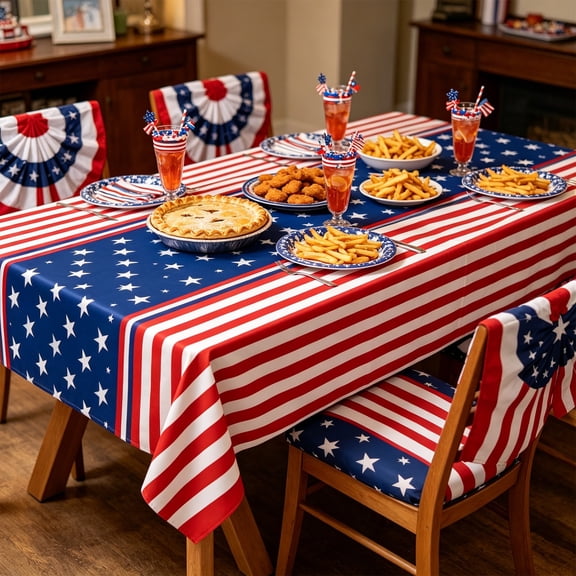 Yakvarog 4th Of July Table Cloth Rectangle Tablecloth, Dustproof & Washable 108"L x 54"W Table Cloth, Red White Blue Patriotic Designs Table Cloth for Wedding Home Party 4th Of July Decoration
