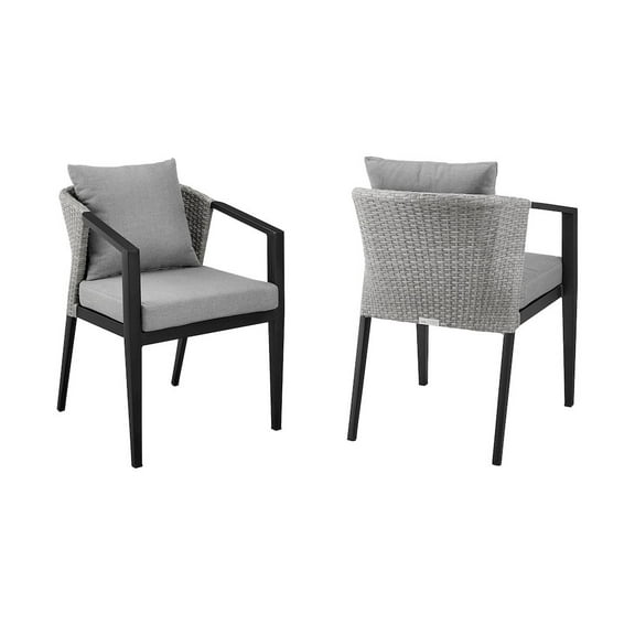 Armen Living Palma Outdoor Patio Dining Chairs in Aluminum and Wicker with Grey Cushions - Set of 2