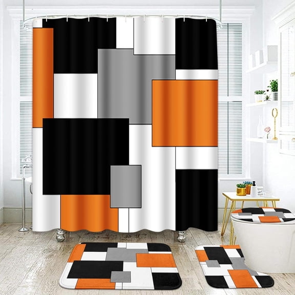 Geometric Green Bathroom Set with Shower Curtain Sets and Rugs Accessories, Black and Gray Modern Shower Curtain, Green Bathroom Decor 4 Pcs