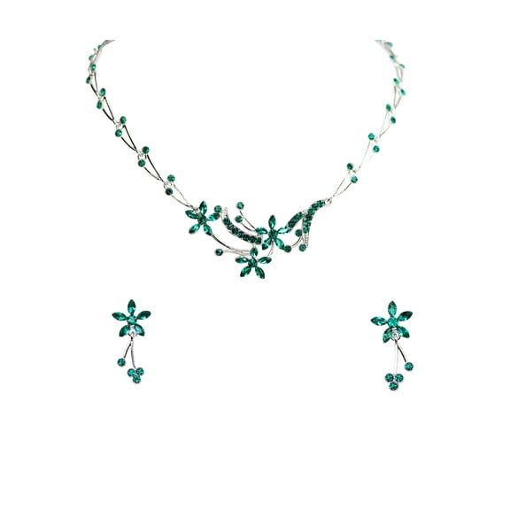 Faship Gorgeous Green Rhinestone Crystal Floral Necklace Earrings Set