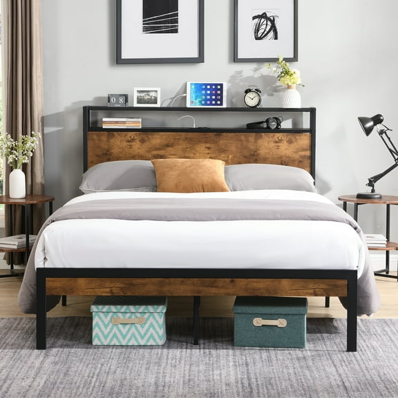 SYNGAR Platform Bed Frame Full Size with Wooden Storage Headboard and USB Ports, Industrial Metal Full Bed Frame with Slat Support, Noise Free, No Box Spring Needed, Rustic Brown