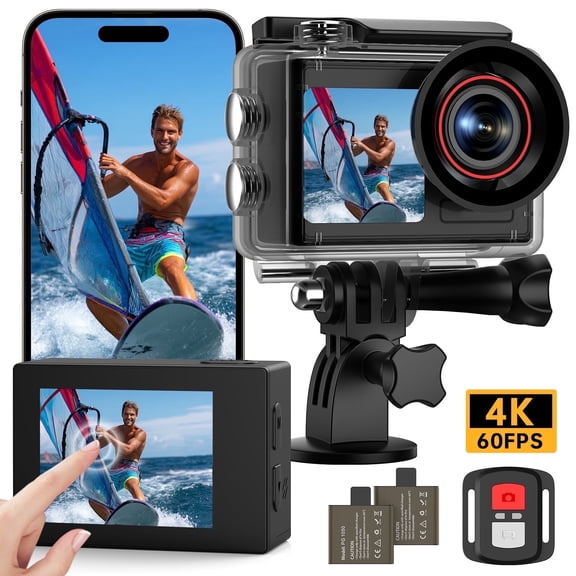 Action Camera 4K 60FPS 30MP with Front LCD and Rear Touchscreen, Underwater Camera 132FT Waterproof with 64GB Card,EIS,5X Zoom, 2.4G Wifi Remote Control,Vlog Cam,Dual Batteries,Mount Kit