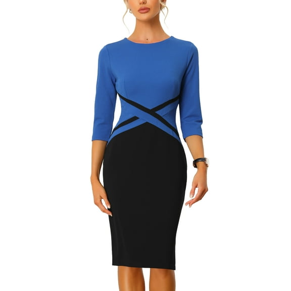 Unique Bargains Women's Contrast Color 3/4 Sleeve Office Pencil Dresses XS Royal Blue