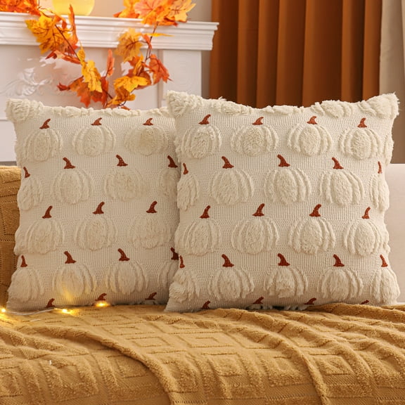 Tosleo Fall Throw Pillow Covers 18x18 Set of 2 Beige Pumpkin Decorative Pillow Cases Farmhouse Plush Faux FurWool Cushion Covers for Couch Sofa Bed