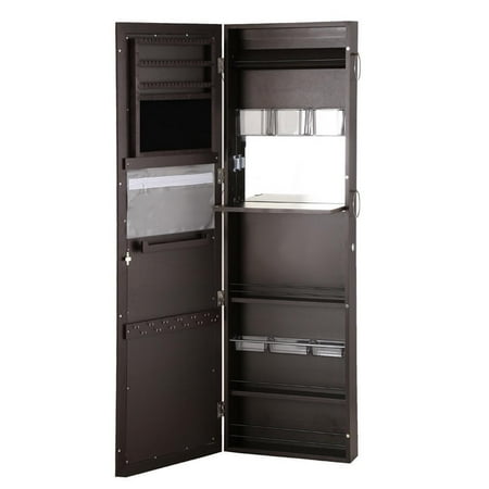 Wooden Mirrored Hanging Jewelry Cabinet Armoire Organizer Over Door Wall Mount W/ Keys