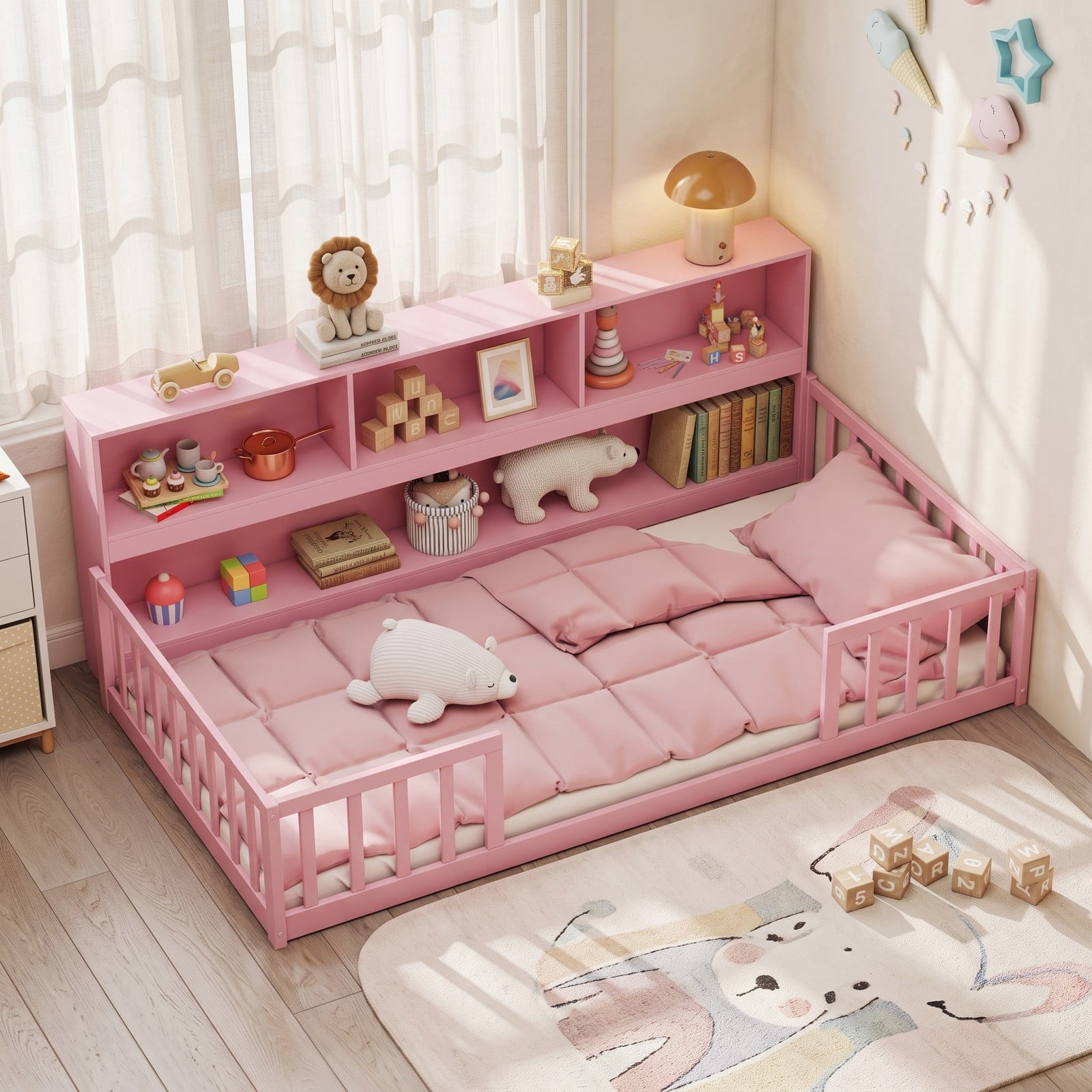 Furnibear Full Size Bed Frame Montessori Floor Bed with Bookcase Headboard and Full Length Fence Rails for Kids Room, Pink