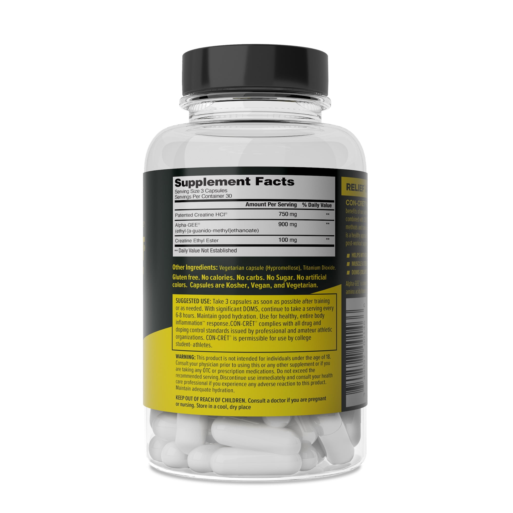 CON-CRET + MUSCLE RECOVERY,Creatine HCl,Supports Inflammation and Pain Relief, 90 Capsules, Unflavored