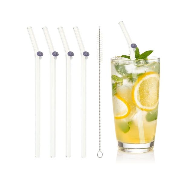 Uxcell 4 Pcs Popotes de Vidrio Reutilizables, Popote de Vidrio de 7.87" Resistente a los Golpes, Popotes Lindos y Transparentes para Whisky, Café, Jugo, Refrescos y Té, Morado