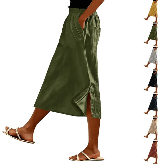 Linen Skirts for Women Midi Length Casual Side Button Linen Midi Skirt High Waisted Long Flowy Skirt Beach Skirts Army Green L