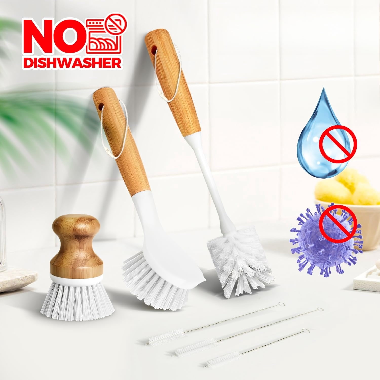 6 Pack Dish Brush Scouring Pad Set with Bottle Brush, Dish Brush, Palm Scrub Brush and Straw Brush, Dish Scrubber Long Handle for Dish Bottle Cup Skillet Wok Pot Pan Cast Iron, Yellow