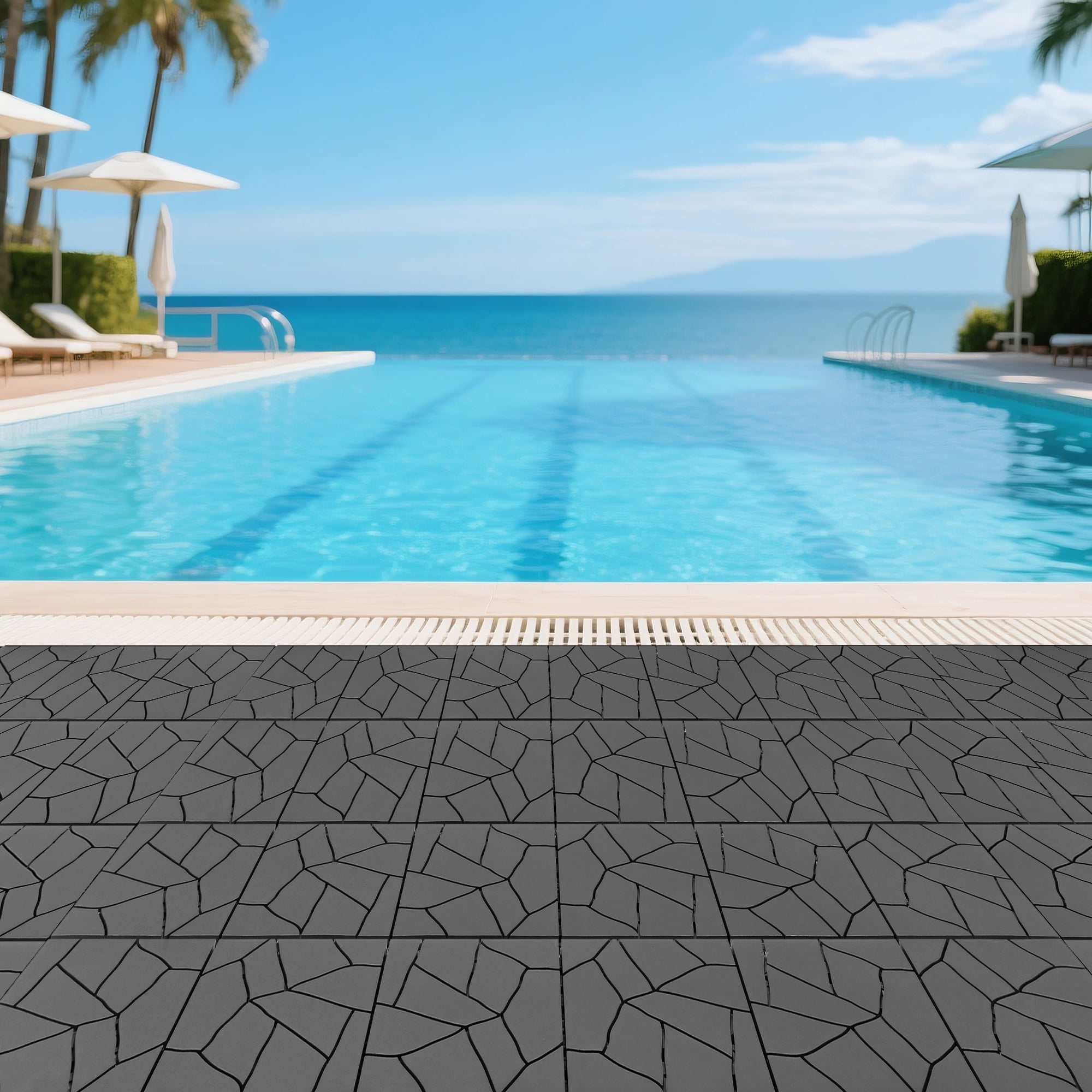 44 Pack Plastic Interlocking Deck Tiles,12"x12" Waterproof Indoor/Outdoor Floor Tiles,All-Weather Patio Floor Decking Tiles for Garden,Lawn,Porch,Poolside,Balcony,Stone Style,Grey