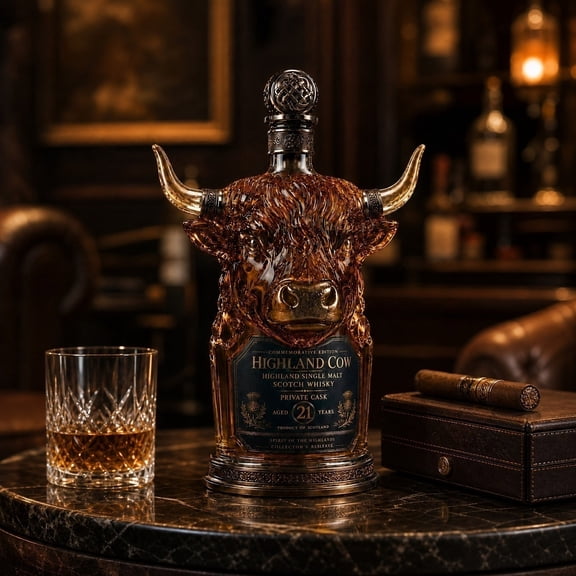Luckky Highland Cow Head Shaped Glass Whiskey Decanter with Airtight Stopper,Unique Animal Liquor Bottle,for Home Bar Display,Collectible Craft & Premium Gift for Whiskey Lovers