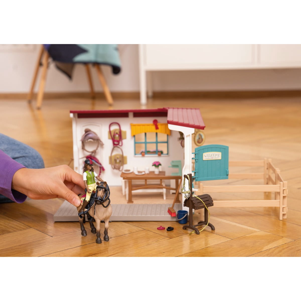 schleich Horse Club - 85 PC Tack Room Stable Extension Playset with Rider Sarah, Horse Figurine and Accessories - Equestrian Toy Set for Kids Ages 5+