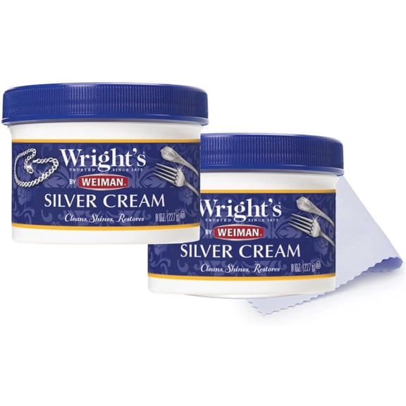 Wright's Silver Cleaner and Polish Cream - 8 Ounce 2 Pack with Polishing Cloth - Ammonia-Free - Gently Clean and Remove Tarnish without Scratching