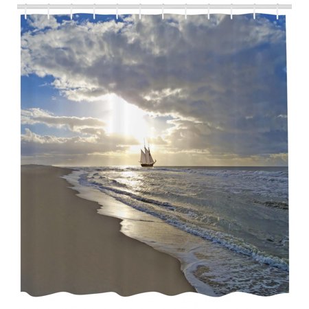 Shop Shower Curtain Nautical Shower Curtain, A Sailing Ship Close to Sandy Beach in Moody Sunset Paradise Tropical Theme, Fabric Bathroom Set with Hooks, Blue Beige White, by Ambesonne ()