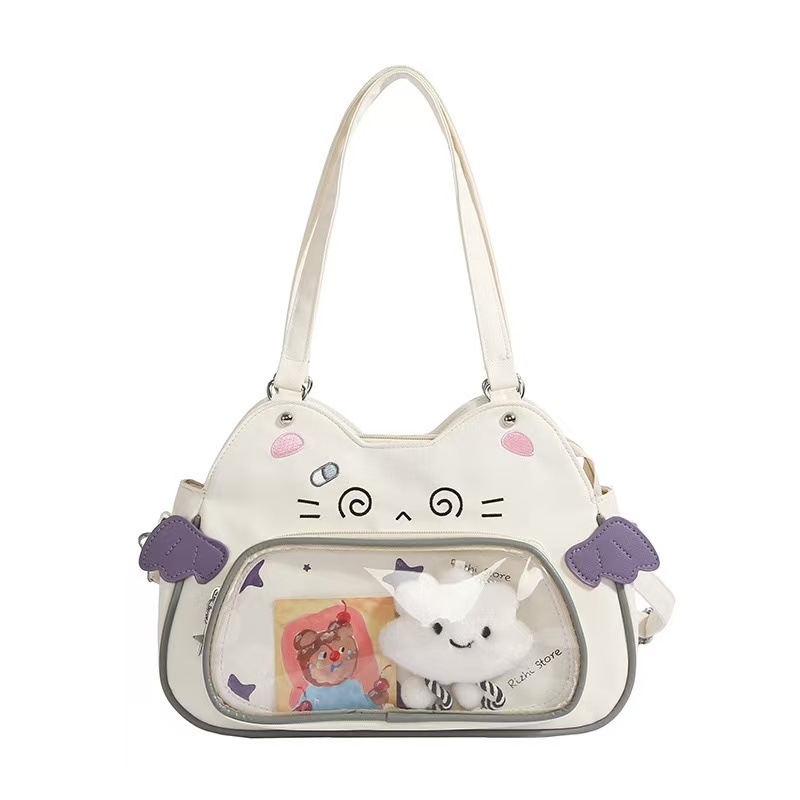 Baguery Kawaii Ita Bag Backpack - Nylon, Cute Cat Insert, Clear Front Pocket, Shoulder/Crossbody, for Otaku Goods/Anime Comic Con