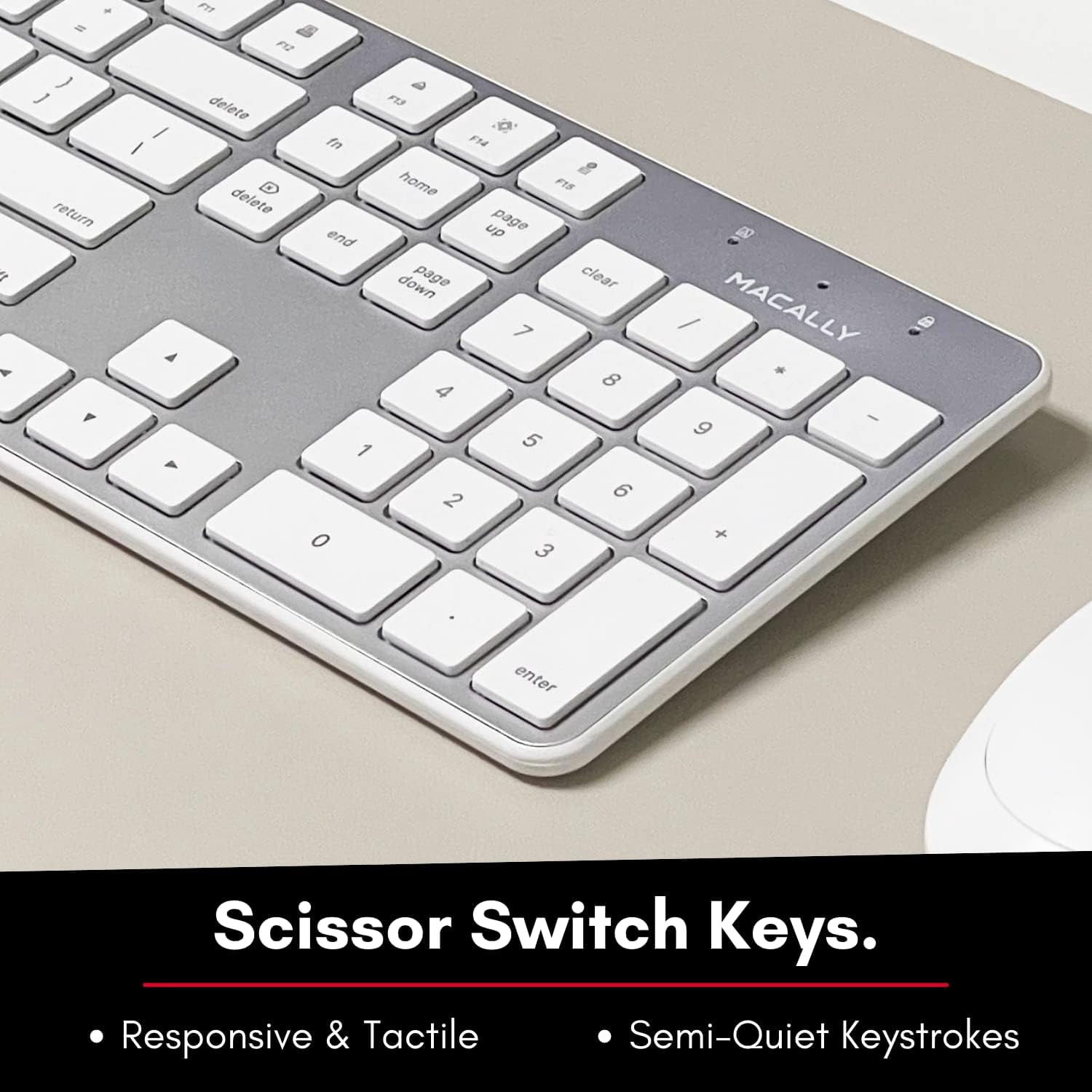 Macally Aluminum Ultra-Slim USB Wired Keyboard with Scissor Switch, 110 Shortcut Keys, LED Indicators, Silver