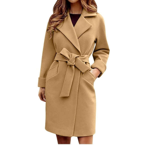 IROINID Women's Trench Coat Long Sleeve Solid Color Notch Lapel Outwear, Loose Autumn and Winter Lapel Woolen Cloth Coat Trench Coat Long Overcoat Outwear
