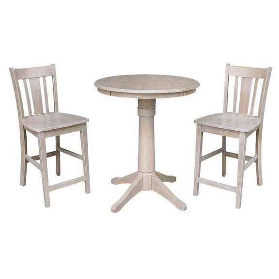 Wood 30" Round Counter Table and 2 San Remo Stools in Washed Gray Taupe - Set of 3