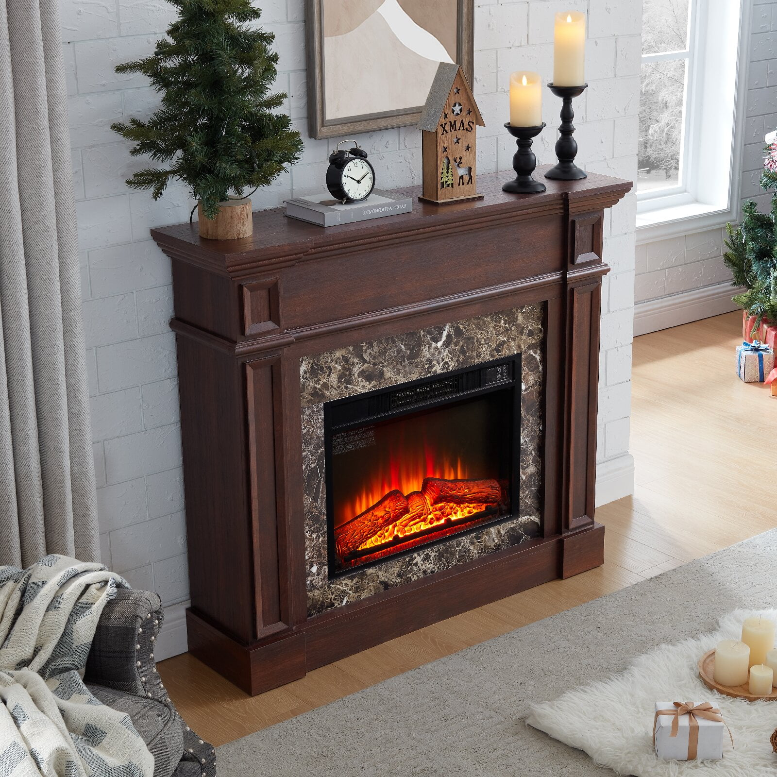 Electric Fireplace with Mantel, Fireplace Mantel, Fireplace Heater Freestanding, Realistic Stacked Stone Surround with Remote Control Timer LED Flame, Cherry Color