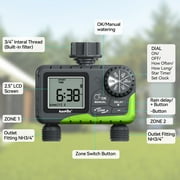 RainPoint Sprinkler Timer, Programmable Manual and Automatic Garden Hose Watering System with Rain Delay, IP65 Waterproof Digital Irrigation for Yard, Lawn, Pool, 2 Outlets Green - ITV205