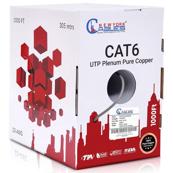NewYork Cables | Cat6 Plenum Ethernet Cable Pure Copper 1000ft UTP 4Pairs 550MHz 23AWG 10 GB Grey