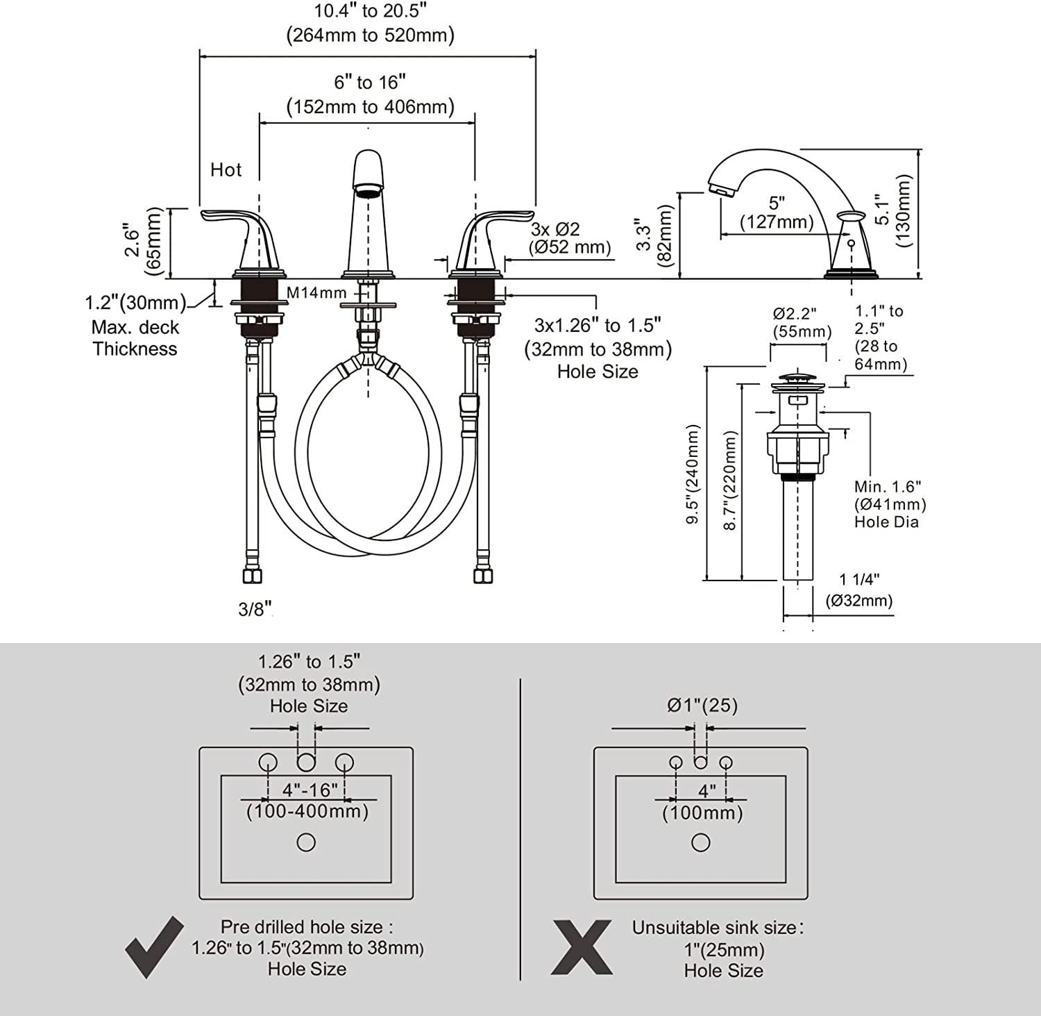 Wowow Bathroom Sink Faucet, Matte Black Widespread 3-hole Faucet With Pop-up Drain and Hose