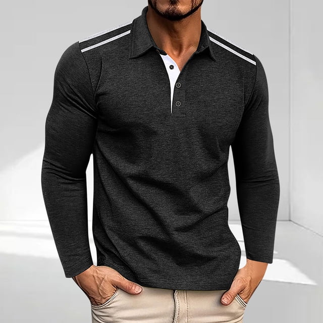 pstuiky camisetas de manga larga para hombre, Camiseta deportiva informal, versátil y de color liso con botones y solapa de manga larga para hombre Tops casuales para hombres l