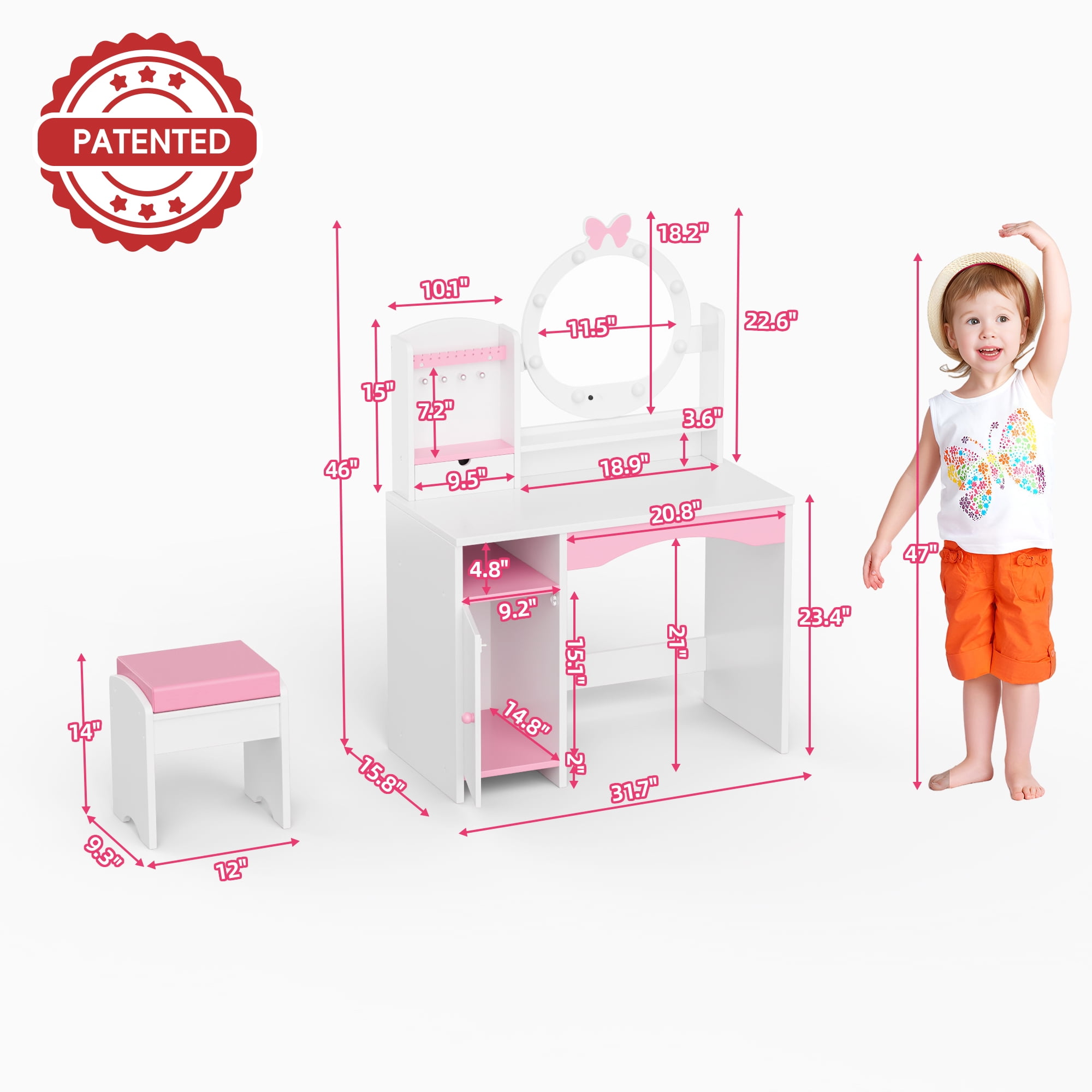 Reasea Kids Vanity Table, Girls Vanity Set, Princess Makeup Vanity Desk & Chair Set, White