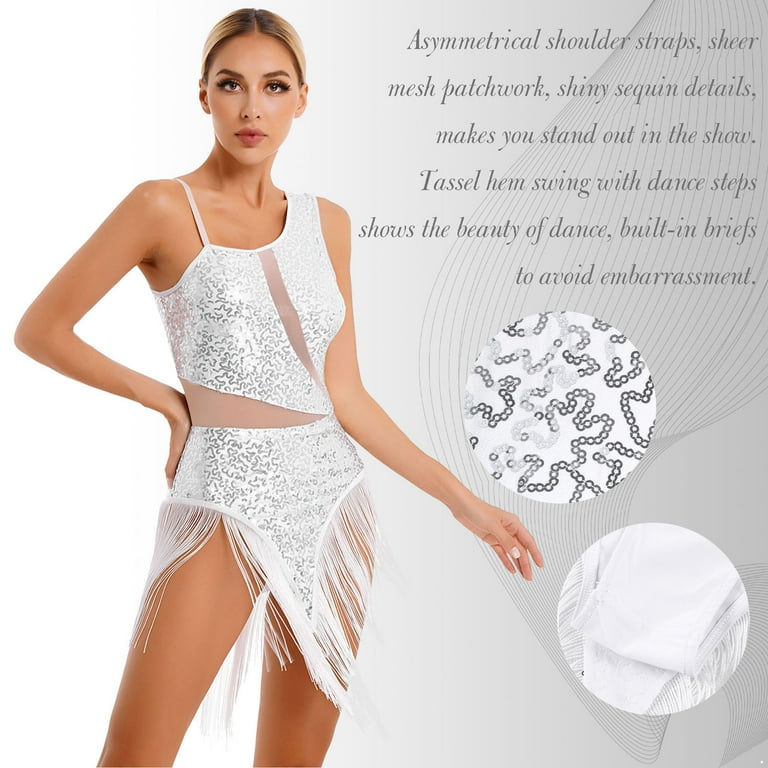 iiniim Women's Shiny Sequins Tassel Latin Jazz Dance Leotard Bodysuit  Lyrical Dance Costume White XL