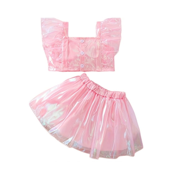 JYYYBF Kids Girl Summer Outfit Solid Color Fly Sleeve Laser Tops and Elastic Waist Skirts 2Pcs Clothes Set