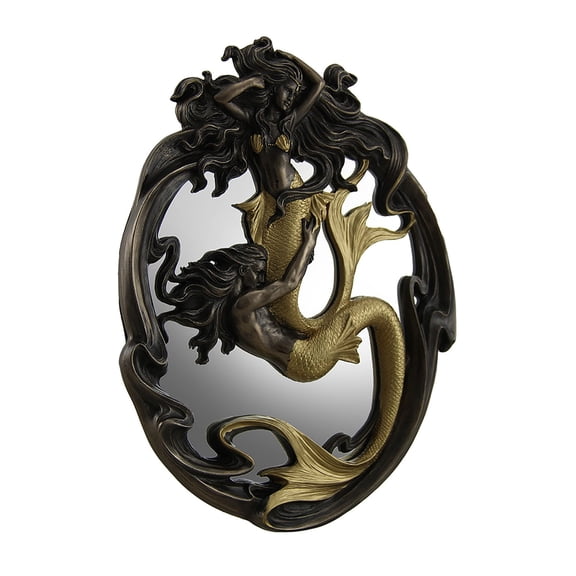 Resin And Glass Wall Mounted Mirrors Holding On Merman & Mermaid In A Fluid Embrace Bronze & Gold Finish Wall Mirror 7.5 X 10 X 0.5 Inches Bronze