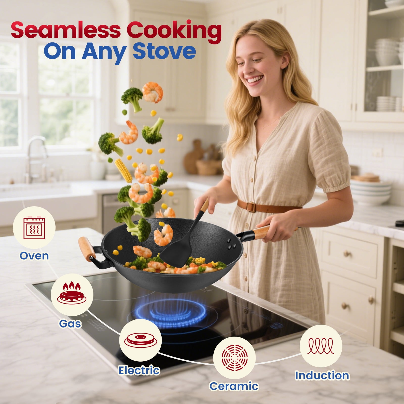 13'' Nonstick Wok, Cast Iron Wok with Lid, 5 PCS Wok Pan & Stir-Fry Pans Set with Oil Filter Tray and Spatula, No Chemical Coated Flat Bottom Chinese Woks Pan for All Stoves