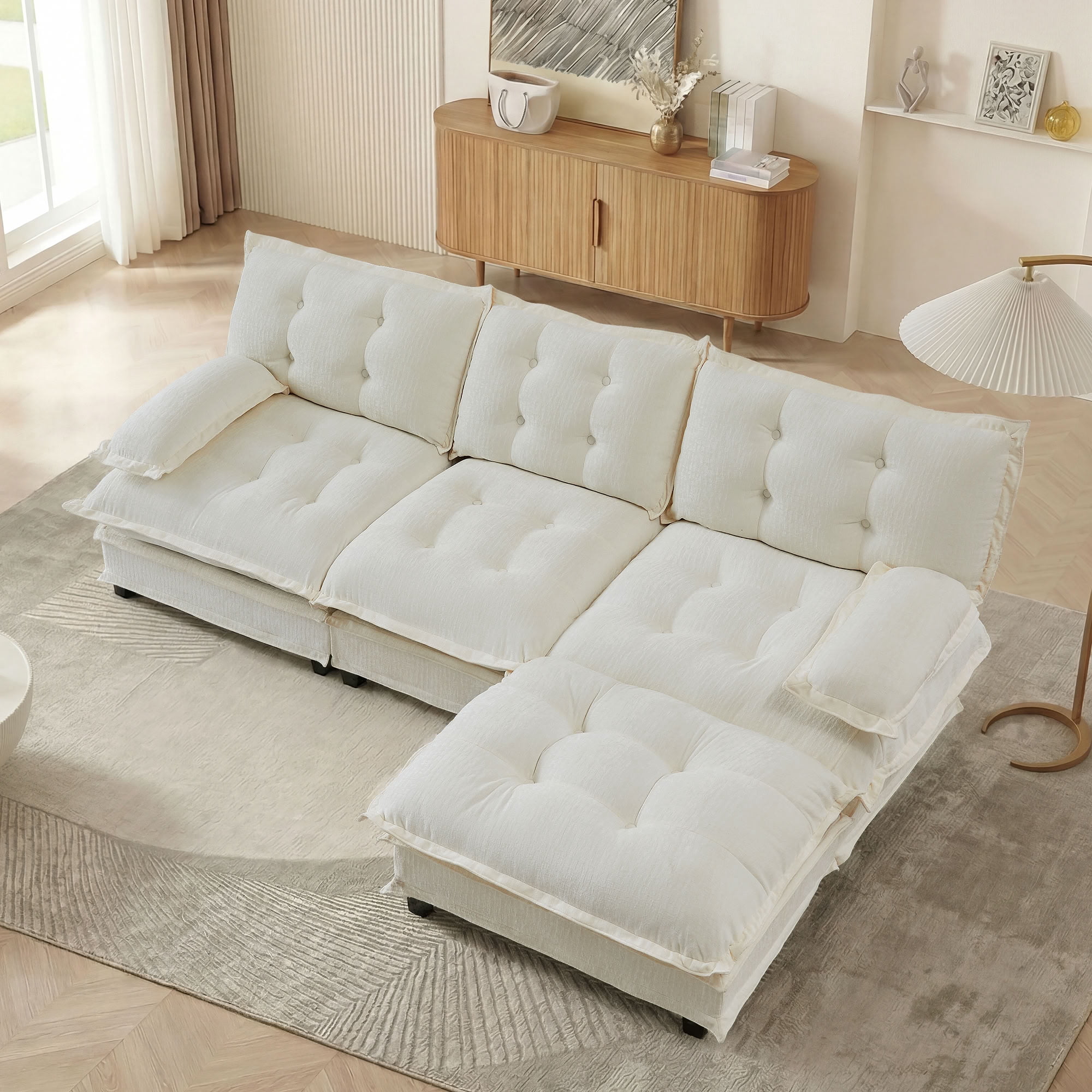 MAYEERTY 107 Inch Cloud Modular Sectional Sofa, L-Shaped 3-Seater Chenille Couch, Solid Wood & Metal Frame for Home Living Room