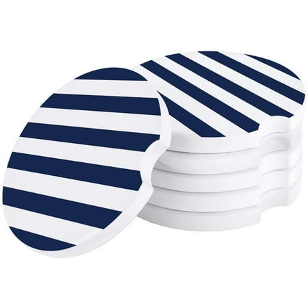 

ZHANZZK Blue White Stripe Set of 2 Car Coaster for Drinks Absorbent Ceramic Stone Coasters Cup Mat with Cork Base for Home Kitchen Room Coffee Table Bar Decor