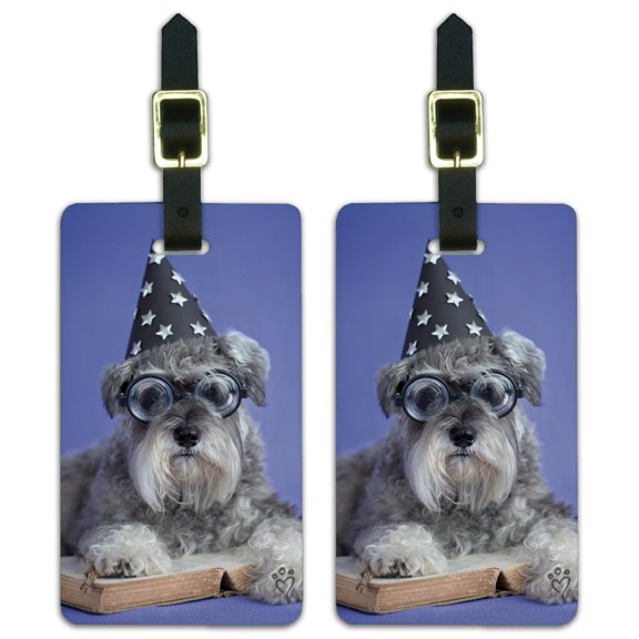 Schnauzer Puppy Dog Wizard Glasses Spell Book Luggage ID Tags Suitcase Carry-On Cards - Set of 2