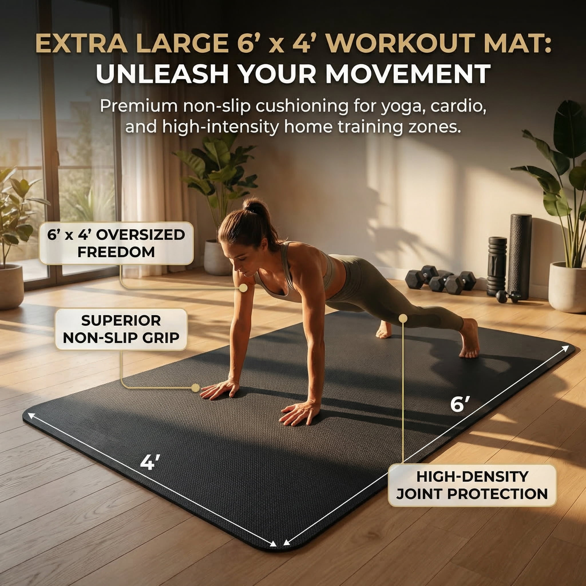 FrenzyBird Large Yoga Mat 6'x4' (72"x48") 183x122cm, 1/4" Thick TPE Non-Slip Extra Wide Exercise Mat, Big Home Workout Mat for Yoga, Pilates, Gym & Floor Workouts for Women & Men（6mm Black）