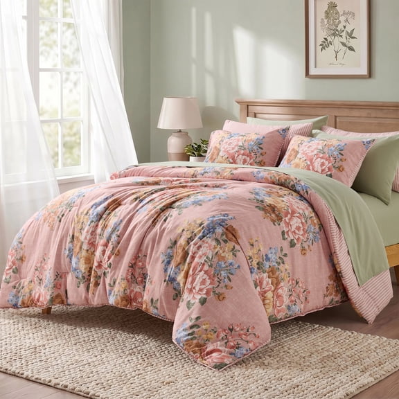 Regency Heights Queen Size Comforter Set, 9-Piece Blush Bed in a Bag, Floral Comforter Bedding Set with Comforter, Flat Sheets, Fitted Sheets with Side Pockets