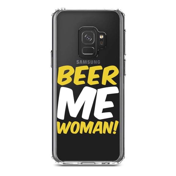DistinctInk Clear Shockproof Hybrid Case for Samsung Galaxy S9 (5.8" Screen) - TPU Bumper Acrylic Back Tempered Glass Screen Protector - Beer Me Woman!
