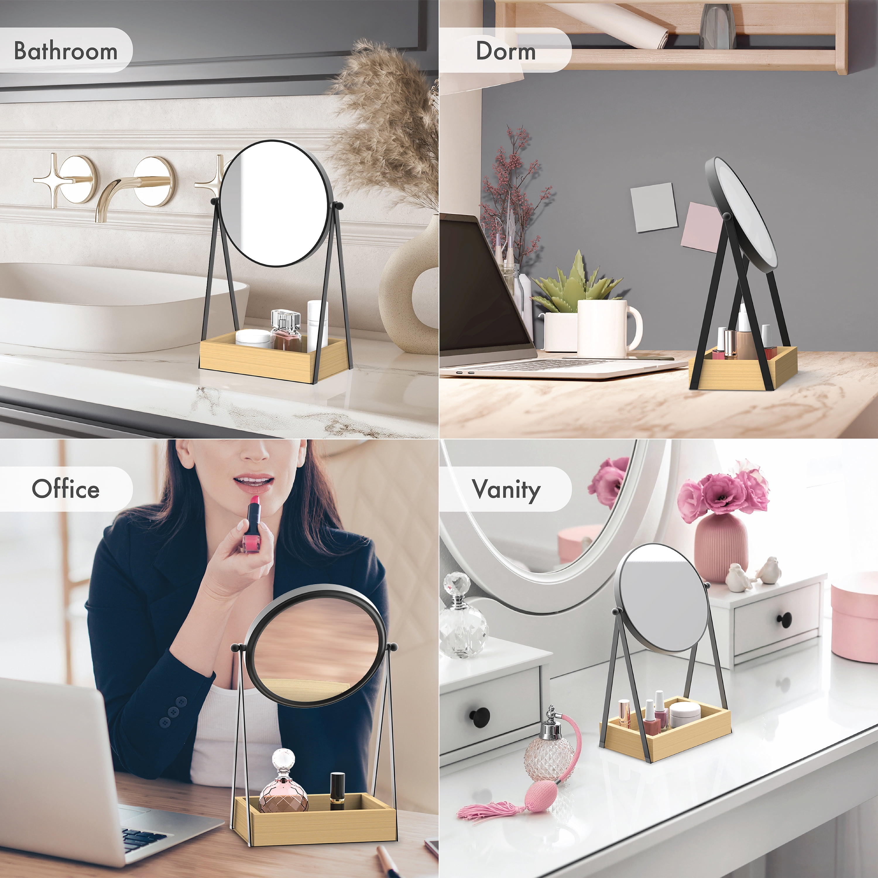 Better Homes & Gardens Vanity Mirror, 6.5in. Desk Mirror with 1X/3X Magnification and Bamboo Storage Tray