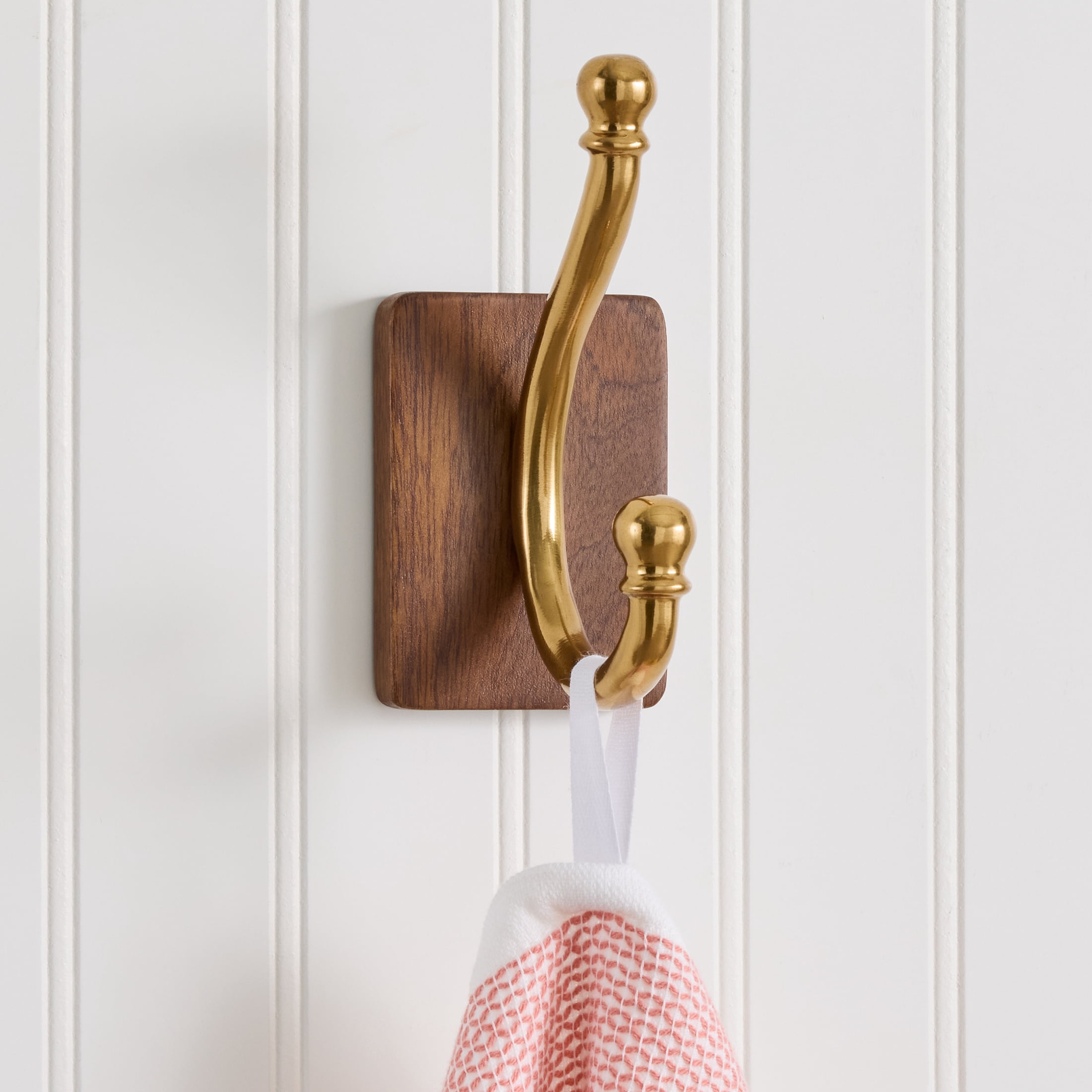 Better Homes & Gardens Modern Heirloom Single Wall Hook, Walnut Wood/Heritage Gold Finish