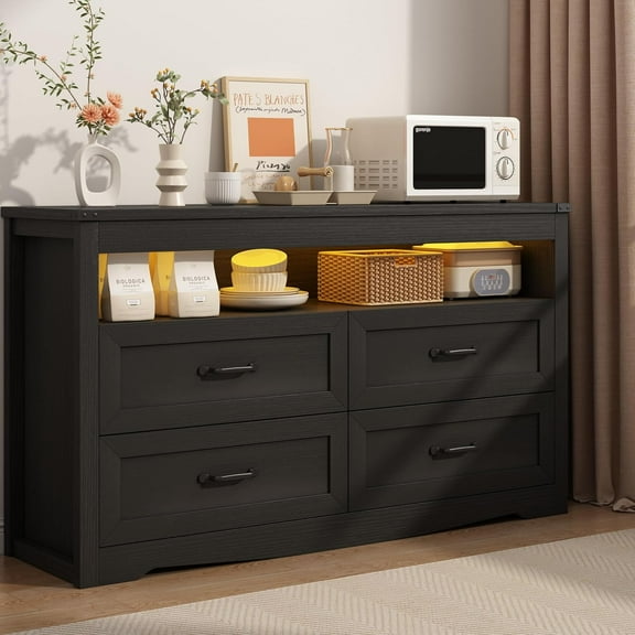 Black Dresser for Bedroom, Wood 4 Drawer Dresser with LED Light, Dressers & Chests of Drawers with Metal Handles, Storage and Organization for Bedroom, Hallway, Entryway