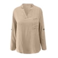 thumbnail image 3 of DuoJiaJ Women Solid Casual Button V Neck Pocket Long Sleeve T Shirt Top Women's Linen Shirts Yellow XL, 3 of 4