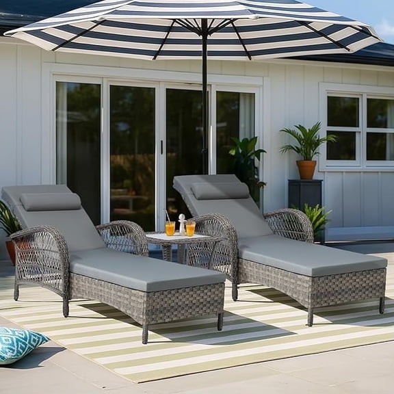 VIVIJASON 3 Piece Outdoor Wicker Chaise Lounge Chair Set , Lounge Chairs Set of 2 with Side Table, 6 Position Adjustable Pool Reclining Sunbathing Chair with Cushion, Armrest & Headrest, Gray