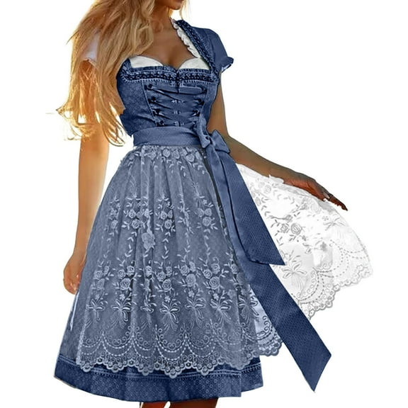 LEKODE oktoberfest outfits women dirndl dress Bavarian Dress tracht dress Womens Dress Germany Short Sleeve Dirndlbluse Blouse Dress Stage Performance Dress Dark Blue L